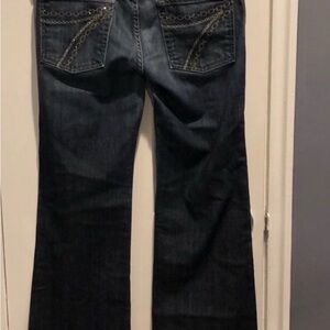 7 For All Mankind Dark Blue Flare Jeans with Chain-Stitch Pocket Detail